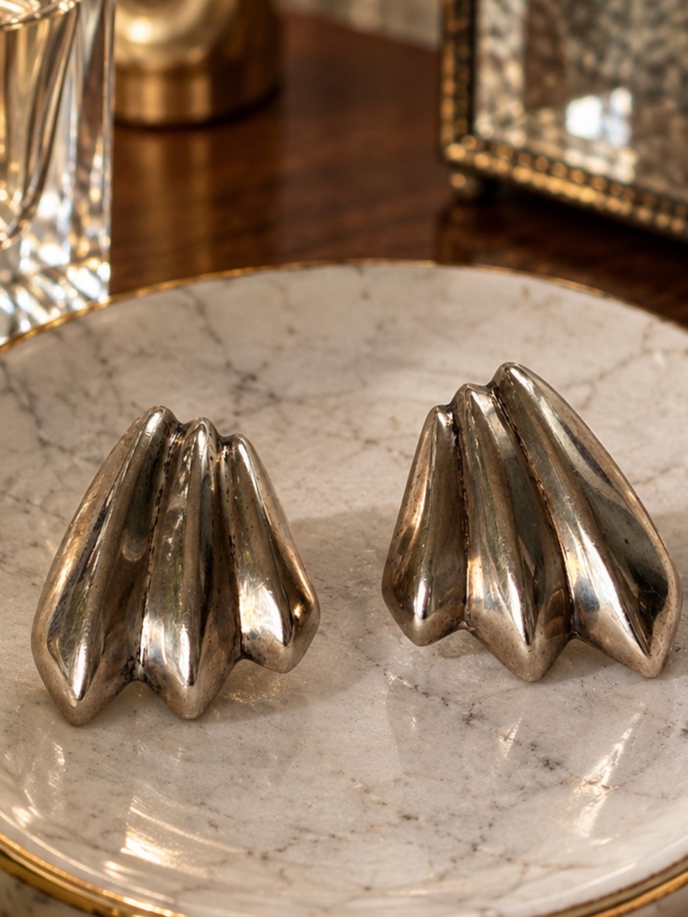 Vintage Modernist Sterling Silver Fluted Fan Statement Earrings - 9.23g.